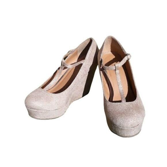 Y2K Rue21 etc Platform Wedge Heel Babydoll T Strap Faux Vegan Suede Tan S 6/7 - Picture 1 of 8